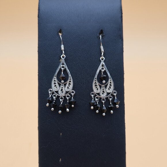 Sterling Silver Simple Black Crystals Unique Dangle Earrings A5448 - Picture 1 of 6
